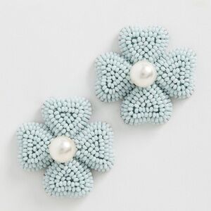 Deepa Gurnani Liora Baby Blue Hand Beaded Flower Drop Earrings Faux Pearl NWT